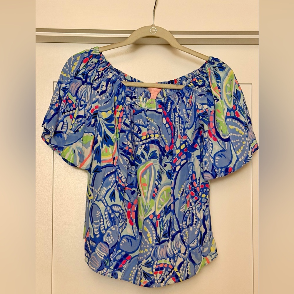 Lilly Pulitzer Blue Berri Pinch Off Shoulder Top Size S Ruffle Sleeve Blouse - Picture 2 of 7